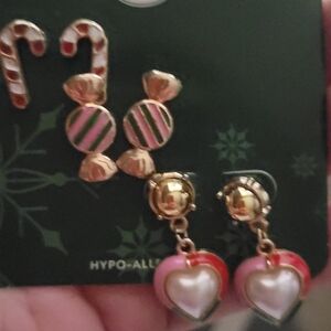 Holiday Time Festive Candy and Heart Earrings - Pink and Gold